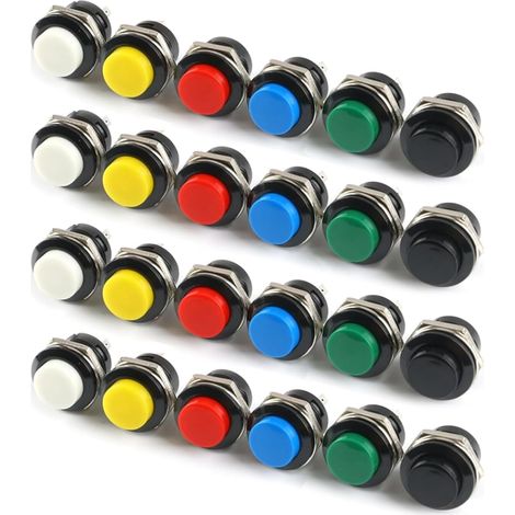 24 Pieces 16mm Push Button Lock, Red Green Yellow Blue White Black 3A 250V AC 2 Pin for Automotive, Gaming and Industrial Applications (1/5)