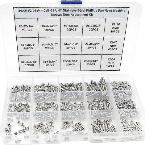 Kit d'assortiment de vis et écrous à tête cylindrique cruciforme en acier inoxydable UNC n° 2-56, n° 4-40 et n° 6-32 (1/5)