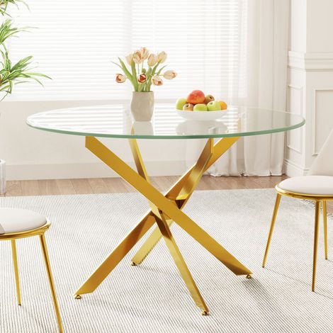 Esstisch, Rund Küchentisch für 4runder Esszimmertisch mit Gekreuzten Beine, Tischplatte aus Hartglas, für Esszimmer, Küche, Ø88 x 88 cm, goldenem Metallgestell,