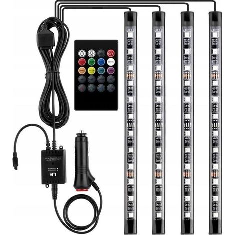 12V LED Car Interior Lighting with 4 x 48mm RGB LED Strips, 3m Multicolor Car Light Strip, Remote Controlled Light Strip, Waterproof Cigarette Lighter Socket Lighting (1/5)
