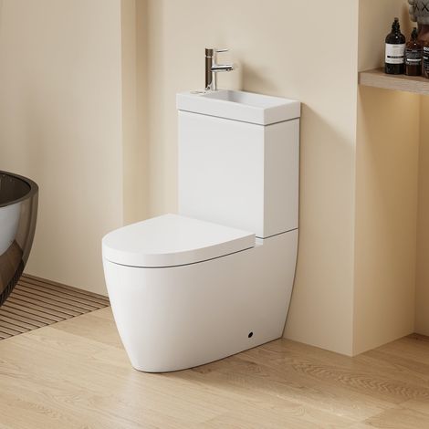 DILECI - WC à poser avec lave-mains intégré 2-en-1 sans bride sortie horizontale - Design arrondie blanc LORENO