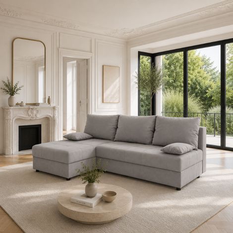 MOSIA - Canapé d’angle convertible en tissu avec coffre de rangement - 3 places - 200 cm - Gris (1/3)