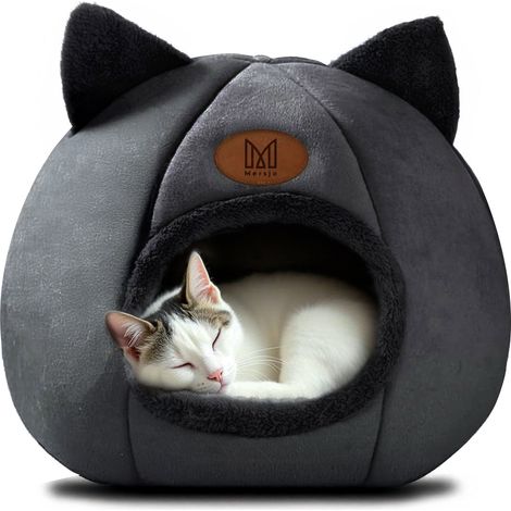 Katzenhaus, Hundehütte, Plüschbett mit Ohren, DAISY schwarz