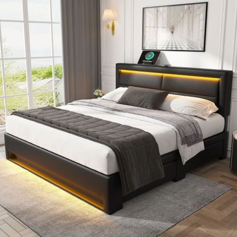 Polsterbett , mit USB-Anschluss (unterstützt kabelloses und kabelgebundenes Laden), mit LED-Beleuchtung und Stauraum, ohne Matratze, PU-Litschi-Muster (1/5)