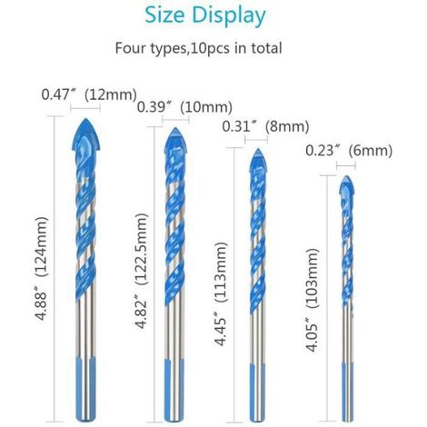 10pcs Forets pour carrelage et verre - Métal dur Perçage précis - Tailles 6 12mm (1/4)