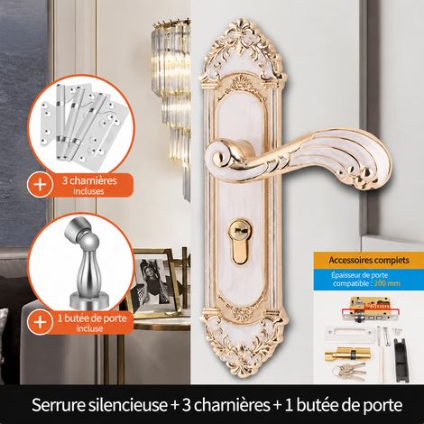 Serrure à poignée silencieuse blanc ambre avec charnières 425 et butée de porte 425 réf 1192 900 g – Livraison gratuite