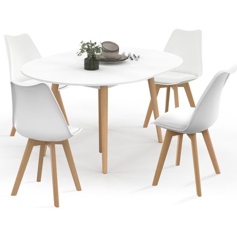 Tavolo da pranzo rotondo allungabile ANGELA bianco con gambe in legno 110 - 150 cm e set di 4 sedie SARA bianche