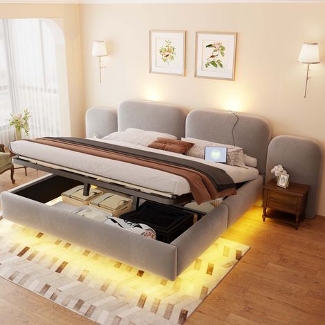 Letto imbottito 180x200 cm con contenitore idraulico, LED RGB e USB-C grigio OKWISH (1/5)