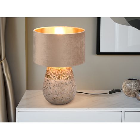 LED Tischleuchte Keramikfuß Grau mit Samtschirm Beige Gold, Höhe 38cm (1/5)