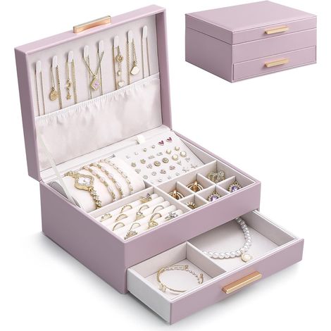 Boîte à Bijoux, Boîte de Rangement, Organisateur de Bijoux, Convient pour Bagues, Boucles D'oreilles, Colliers -2 Niveaux, Violet (1/5)
