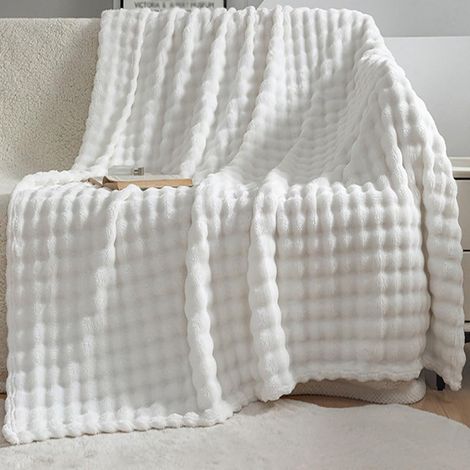 Couverture Flanelle en Microfibree Adulte Enfant , Velours Bulle Ultra Douce Chaude Peluche Couverture de Lit Jeté de Canapé (130x155cm,Blanc cassé) (1/5)