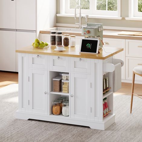 REDOM Desserte de Cuisine 132x70x87cm avec plan de travail rabattable tiroirs porte-serviettes 5 roues en MDF blanc (1/5)