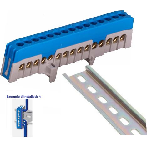 Bornier barrette neutre isolée 63A – 15 trous 1,5 à 16 mm² – Montage rail DIN – Connexion sécurisée pour fils cuivre