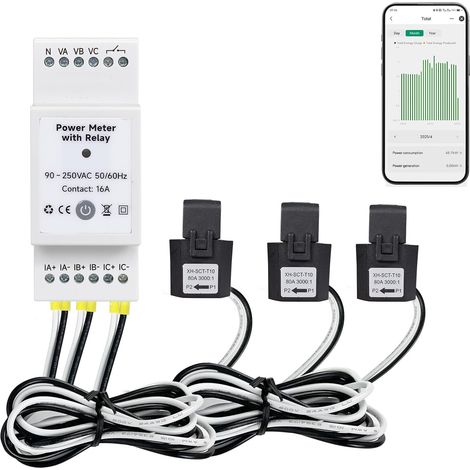 Smart Energy Monitor - Tuya, single-phase, real-time voltage, current, power factor and active power measurement, controlled via mobile app, 473-W-TY-80A