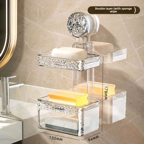 Porte-savon à double ventouse avec éponge et nœud argenté, fixation murale, non perforé, étagère de rangement haut de gamme pour évier de salle de bain.