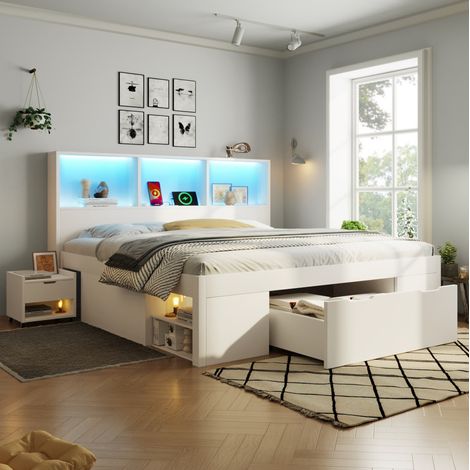Letto 140x190 cm bianco in legno con LED, USB-C, cassetto e 2 comodini mobili (1/5)
