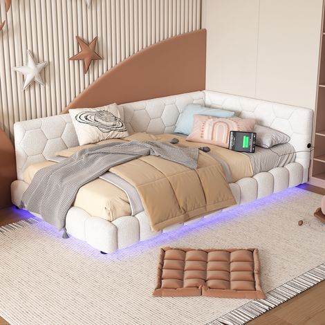 Méridienne, méridienne 90200cm, canapé-lit, lit avec sommier à lattes (sans matelas), lumière ambiante 16 couleurs, port USB, Type-C, matière confortable, imitation polaire, blanc