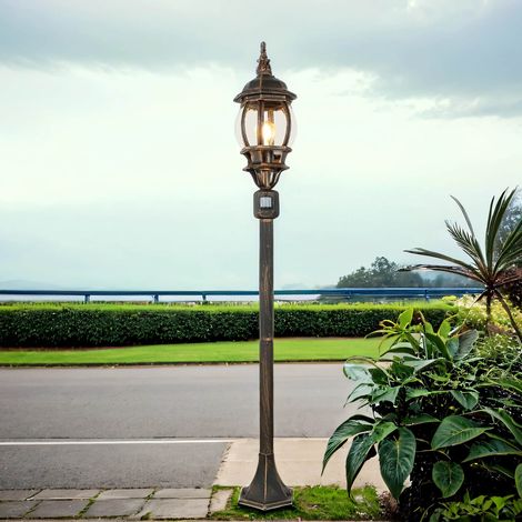 Lampadaire d'extérieur rustique cuivré noir avec détecteur de mouvement IP44 – Hauteur 1,1m – Aluminium et verre véritable – Licht-Erlebnisse