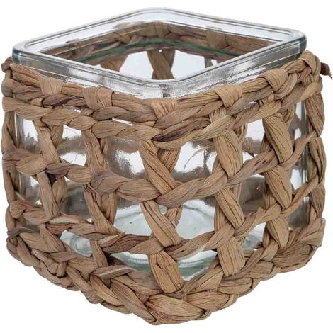 Portavelas de vidrio forrado de fibras naturales marrón 9.5x9.5x10h cm (1/5)