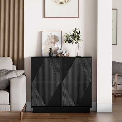 UEV – Meuble à chaussures noir 100 x 24 x 91 cm – 4 abattants avec motif lignes – Étagère anti-basculement pour couloir et entrée