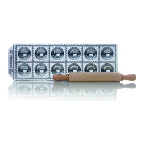Risoli' Raviolcasa Stampo Per Ravioli 12 Fori In Alluminio Pressofuso Con Mattarello In Legno Made In Italy