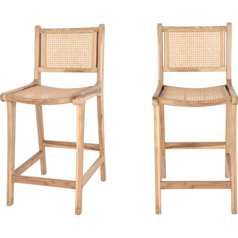Lot de 2 tabourets de bar en teck et cannage H65cm - Bois clair - BASUKI