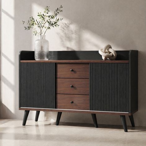 MEUBLIV Credenza nera effetto legno 117,5 cm – 3 cassetti, ante scorrevoli (1/5)