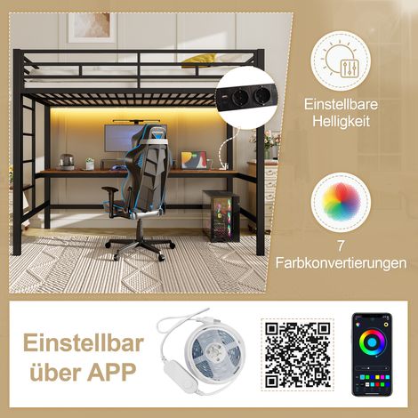 Lit mezzanine 90×200 cm métal noir,rampe,échelle,table USB/prise,LED filaire/appli,norme EN747 sans matelas (1/5)