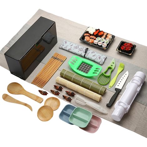 Set Sushi - 28 Piezas - Cuchillo Acero Inoxidable - Estera Bambú - Formas Sushi - Palillos - Cuencos Salsa - Ideal Para Casa - 1 Unidad (1/5)