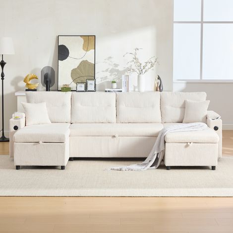 Canapé convertible 4 places avec rangement beige HAVRYA (1/5)