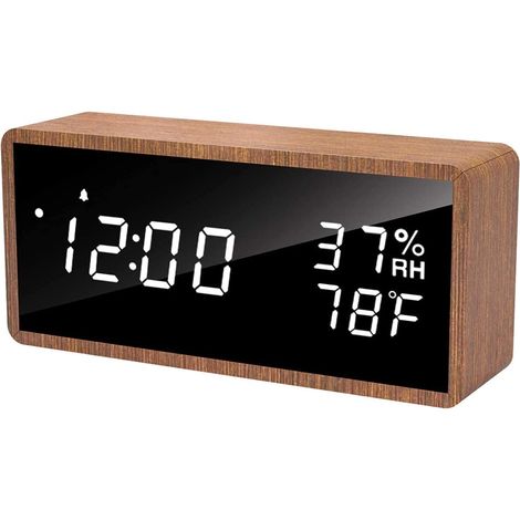 Réveil Électronique, Réveil Numérique en Bois avec 3 Réglages d'Alarme, Horloge Numérique Alimenté par USB avec Affichage LED de l'Heure, de la Température et de l'Humidité (Marron) (1/5)
