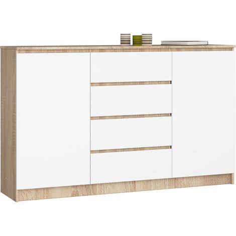 Akord – Commode 160 cm 2 portes 4 tiroirs – Chêne sonoma et façade blanche – 4 étagères – Dimensions 160x40x99 cm (1/5)