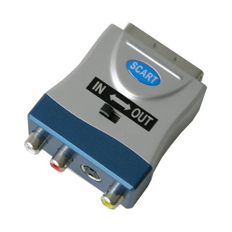 Adaptador 21 pins macho a  3 rca y 1 mini din con conmutador in/out