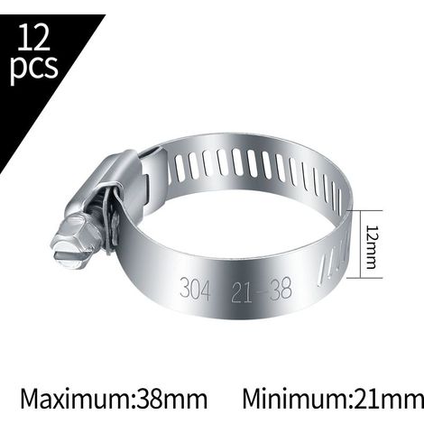 Edelstahl-Schlauchschellen – 12 Stück, verstellbare Schlauchschellen 21–38 mm, Edelstahl 304 – für Wasser/Gas/Automobil (1/5)