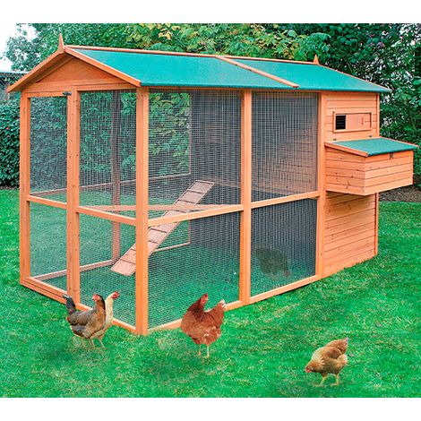 Gallinero Oslo para 8-12 gallinas - Gran Tamaño - Gallinero de Madera Exterior - Refugio y Voladero Cubierto - Bandeja Extraíble - Incluye Perchas y Ponedero