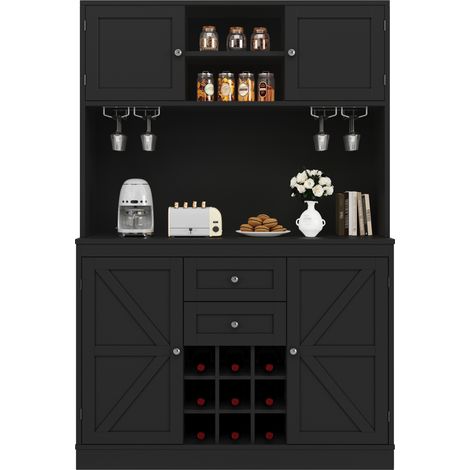 Buffet de cuisine noir 120x40x188 cm avec 4 portes, 2 tiroirs, étagères réglables, casier à vin et niche ouverte, meuble de rangement CHICFURN (1/5)