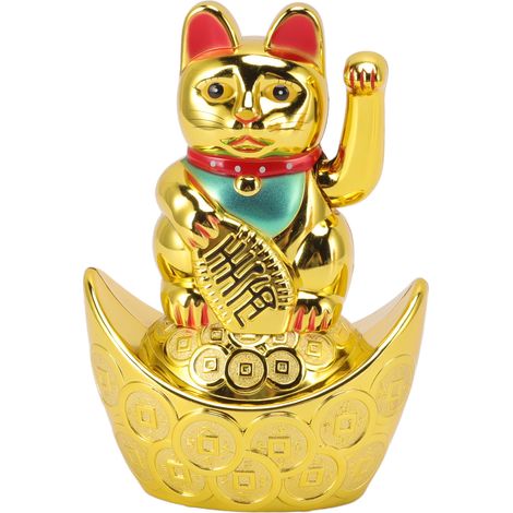 Chat porte-bonheur électrique à manivelle doré brillant de 14 cm (5,5 pouces), cadeau idéal pour la réception/caisse, l'ouverture d'un nouveau magasin ou comme décoration intérieure. (1/5)