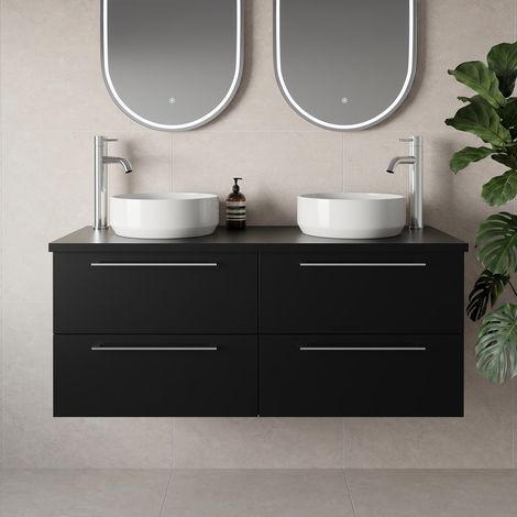 Napoli 460 Matt Black 1200mm Wall Mounted 4 Drawer Vanity Unit for Countertop Basins - 1200mm - Chrome 320mm Handle