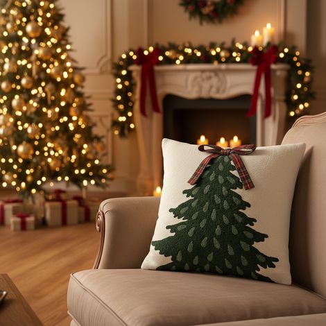 Cuscino bianco con albero di Natale per decorazioni natalizie da h 45 cm (1/4)