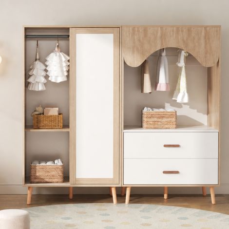 Armoire enfant modulable 2 éléments, portes coulissantes et penderie ouverte, 160 cm, blanc et bois (1/5)
