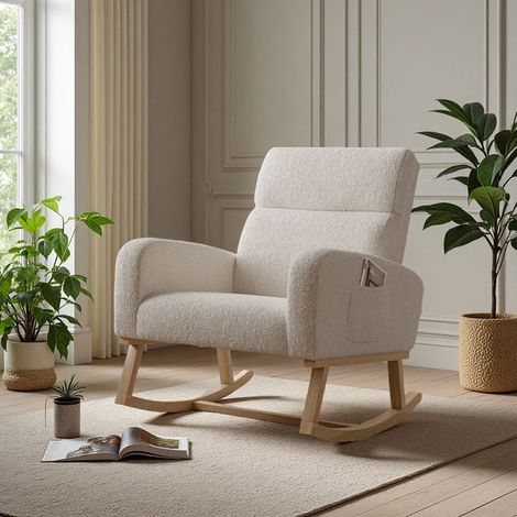 Schaukelstuhl - Skandinavischer Stuhl - Beige Teddyvelours - Massivholzfüße - Seitliche Aufbewahrung