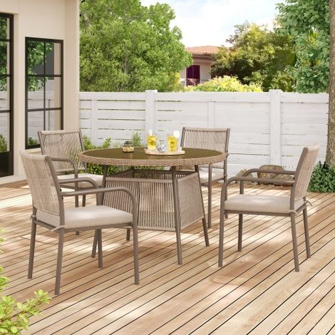 Ensemble de salon de jardin moderne en rotin,Salon de jardin 4 places，table ronde en verre + 4 fauteuils, structure en fer，Convient pour patio/balcon/terrasse