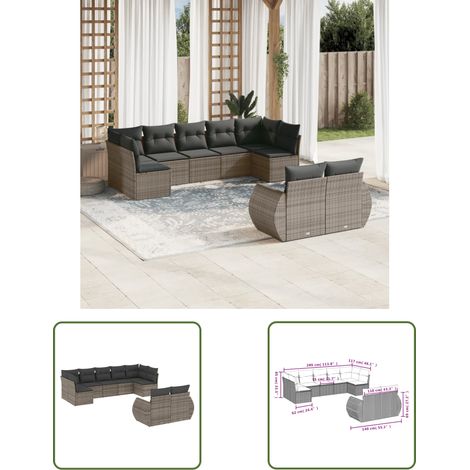 The Living Store 9-tlg. Garten-Sofagarnitur mit Kissen Grau Poly Rattan - Gartenmöbel Set - PE-Rattan Möbel - Outdoor Lounge - Garten Sofa - Wetterfeste Gartenmöbel (1/3)