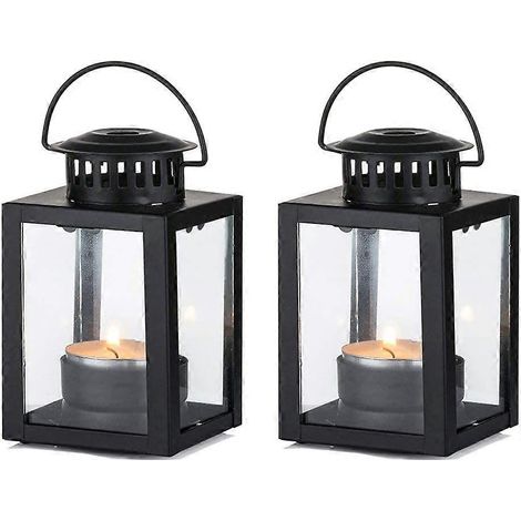 Lanterne à bougie, lanterne de jardin, lot de 2 petites lanternes suspendues style vintage, bougie chauffe-plat noire (1/5)
