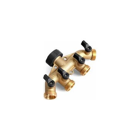 Conector de manguera de jardín de latón de 4 salidas con dispensador de flujo de agua ajustable y con bloqueo - Adaptador divisor de manguera de 4 vías para riego de jardín, juego de grifo de 2 piezas