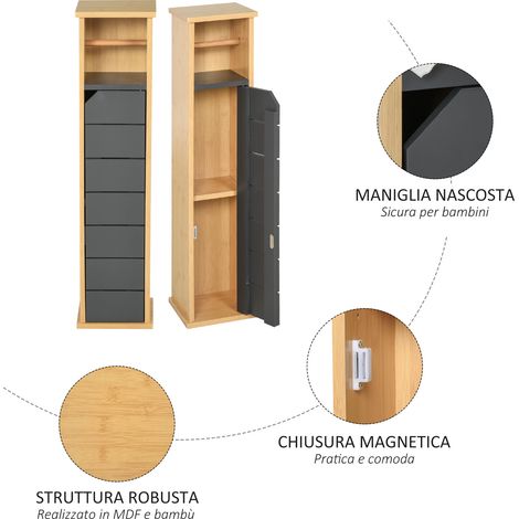 Meuble de salle de bain en bambou et gris 18x18x75cm, colonne de rangement avec porte-rouleau et étagère ajustable, en MDF et bambou, compact et gain de place (1/5)