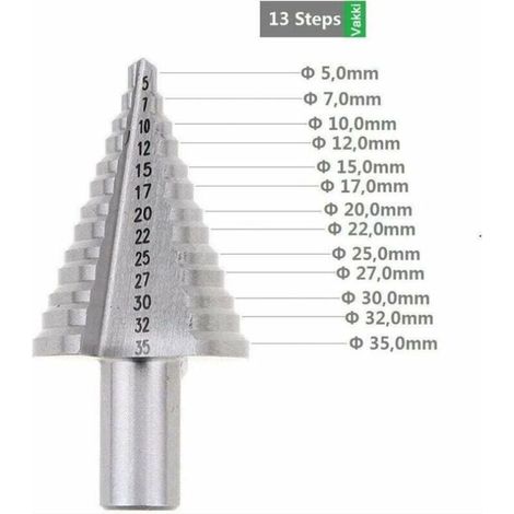 Fraise étagée, fraise à double cannelure (5 mm-35 mm), revêtement en titane, robuste, idéale pour les tournevis perçant dans l'acier, le bois, le plastique, le laiton, l'aluminium, le PVC, tige triang (1/4)