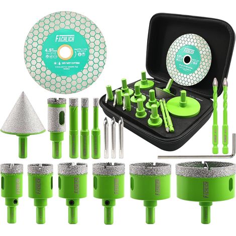 Scie Cloche Carrelage Kit - 17 Pièces Foret Diamant Carrelage Kit(6/8/10/25/28/32/35/45/65mm+20mm Fraise+50mm Foret Chanfreineuse+Adaptateur+Disque Diamant),avec Trépans Tige Triangulaire (1/5)