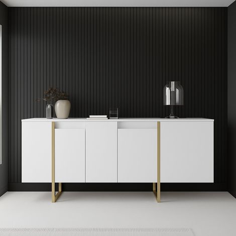 Dmora - Kommode Betel, Wohnzimmerbuffet, Wohnzimmer-Sideboard, Moderne Küchen-Speisekammer, 160x35h80 cm, Weiß und Gold, mit verstärkter Verpackung (1/5)