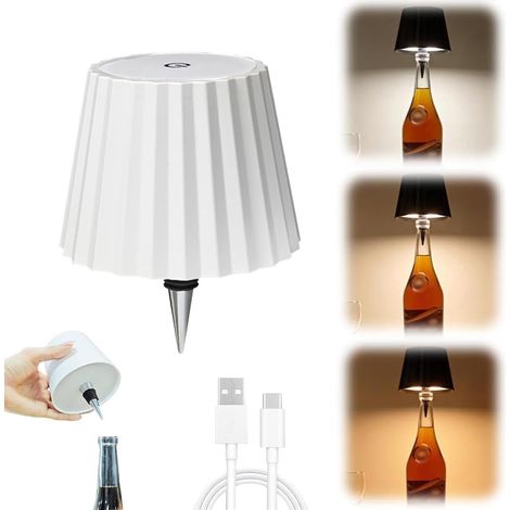 (Blanc)Lampe bouteille sans fil, lampe bouteille LED portable sans fil avec 3 modes de variation d'intensité lumineuse, tête de lampe rechargeable pour bouteille de vin, lampe de table tactile pour